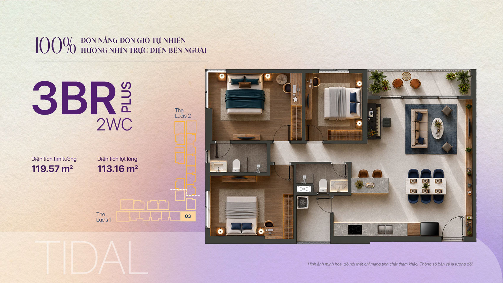 Trang chủ V2 17 Thiết kế căn hộ 3 phòng ngủ 2 WC Plus tháp Lucis tại dự án TT Genesis